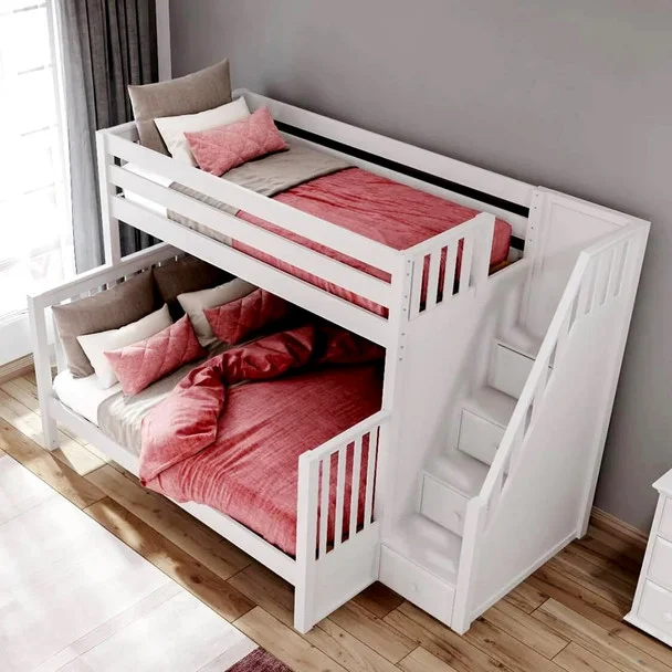 Menora White Twin over Queen Bunk Bed with Stairs