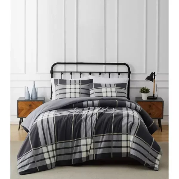 Milo Plaid Flannel Comforter Set Gray – King