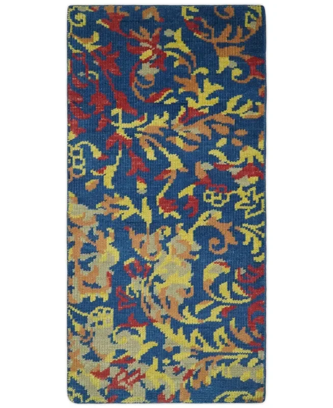 Modern Abstract 2×4 Blue, Red and Gold Hand Knotted Entryway Wool Area Rug | TRD3379124