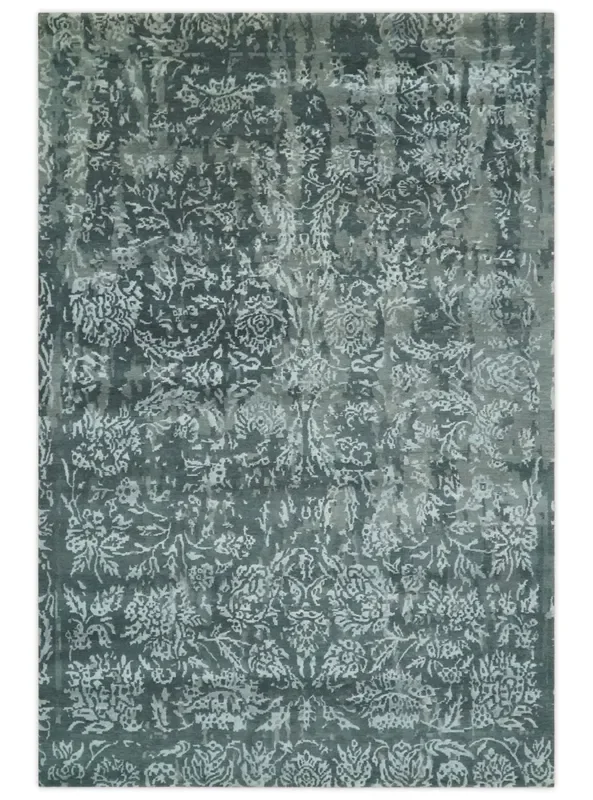 Modern Abstract Charcoal, Grey and Silver Hand Knotted 6×9.4 Floral Wool and Silk Area Rug