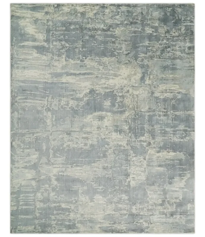 Modern Abstract Handmade 8×10 Beige and Gray Bamboo Silk Area Rug
