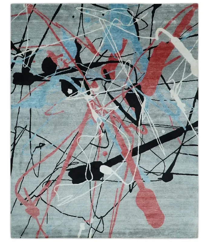 Modern Artistic Rug 8×10 Gray, Blue, Rust and Black Abstract Hand Knotted Bamboo Silk Area Rug