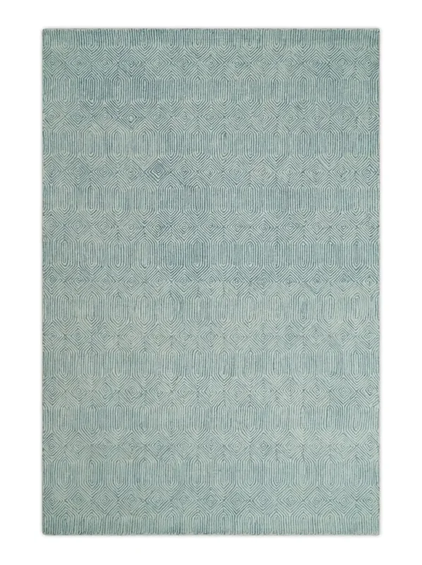 Modern Diamond Design Aqua and Ivory Hand Tufted Wool Area Rug