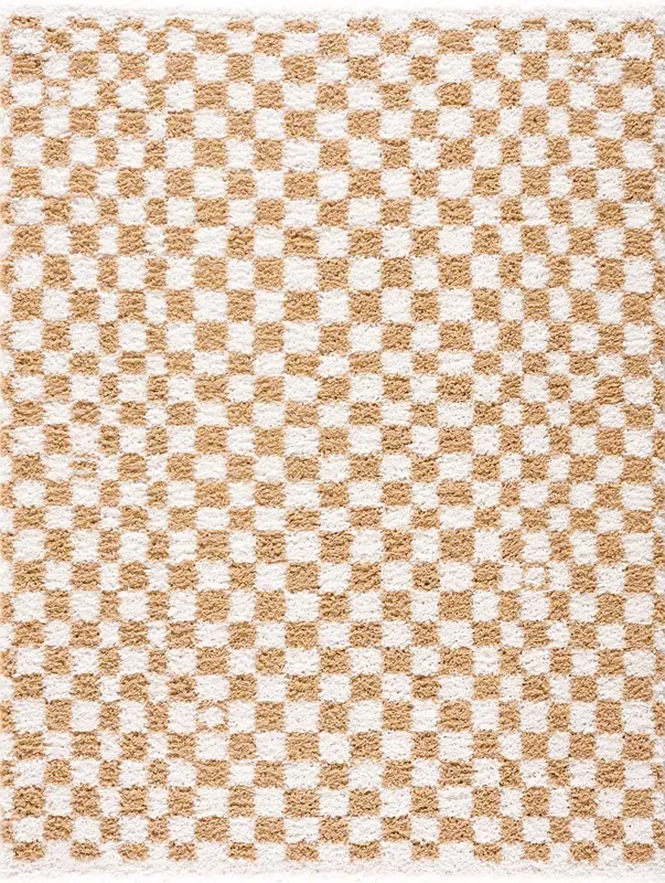 Modern Geometric checkered Plush Ivory Brown, White wool Area Rug