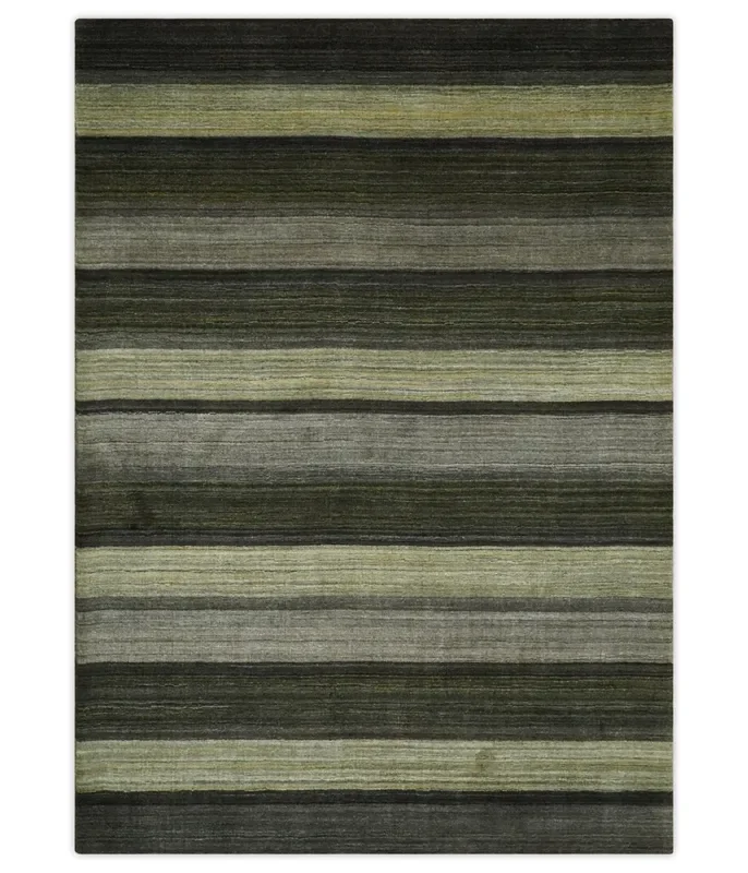 Modern Scandinavian Stripes 5×7 Antique Moss Green and Gray Wool Hand Woven Area Rug | HL20