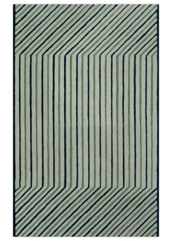 Modern Stripes Design Beige And Blue Hand Tufted Custom Made Wool Area Rug