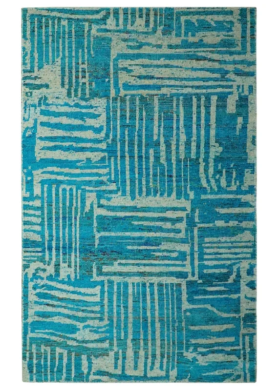 Modern stripes design Blue and Beige 5×8 Hand knotted wool area rug