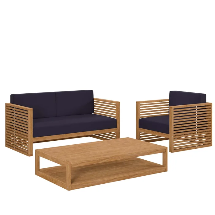 Modway – Carlsbad 3-Piece Teak Wood Outdoor Patio Set by Modway Outdoor Furniture Sofa Sectionals Blue – EEI-5837-NAT-NAV