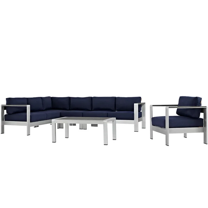 Modway – Shore 6 Piece Outdoor Patio Aluminum Sectional Sofa Set by Modway Outdoor Furniture Sofa Sectionals Blue – EEI-2558-SLV-NAV