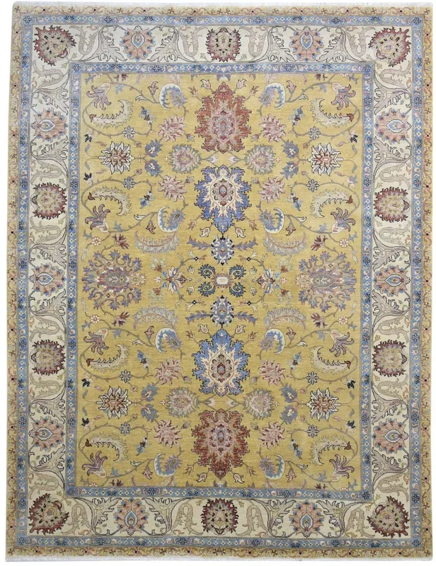 Monique Hand Knotted Gold Wool Rug 9′ X 12′ Persian Kashan Oriental