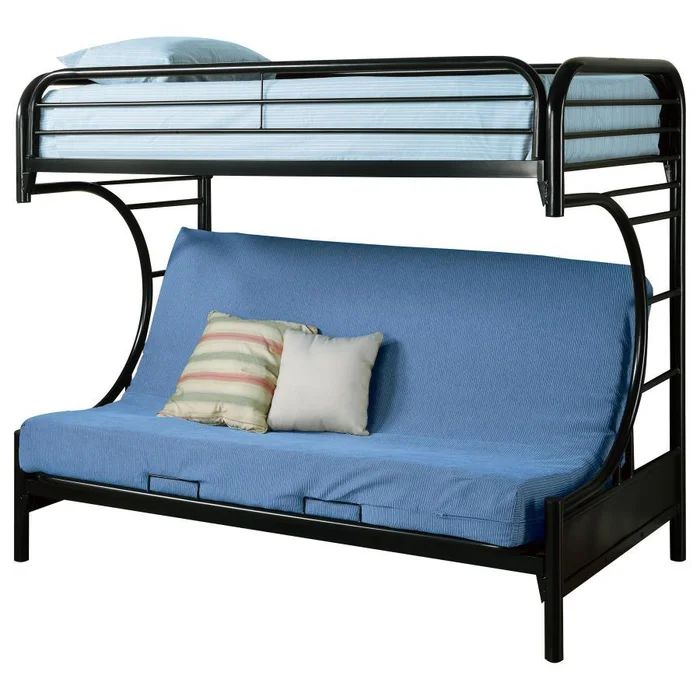 Montgomery Metal Twin Over Futon Bunk Bed – Glossy Black Frame with Full-Length Guard Rail & Convertible Sofa Bed for Space-Saving Comfort