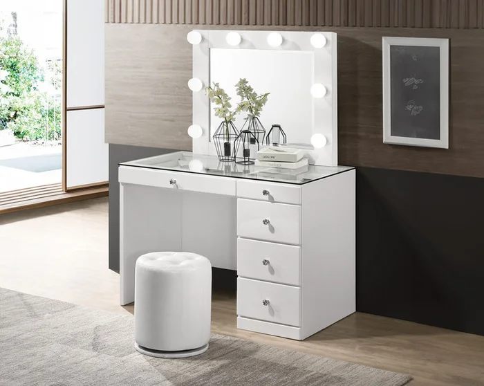 Morgan – Vanity Desk With Glass Top, LED Luxo Mirror & Stool – White