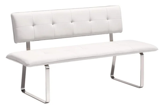 Nouveau Dining Bench, White Leatherette Chrome Steel