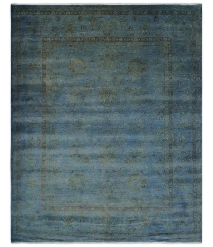 Overdyed Blue Hand Knotted 8×10 Traditional Antique Style Oushak Wool Accent Rug