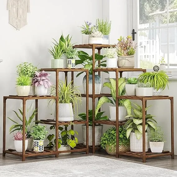 Plant Stand Indoor Outdoor Corner Shelf 11 Potted Large Holder for Multiple Plants Wooden Tall Stands Combo Table Rack Garden Patio Lawn Window