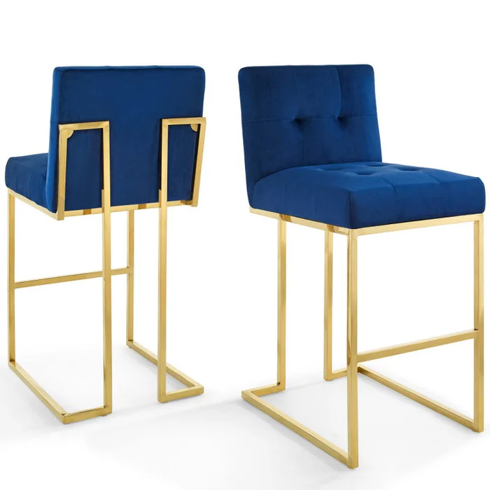 Privy Gold Stainless Steel Performance Velvet Bar Stool Set of 2, Velvet, Metal Steel, Gold Blue Navy, 19423