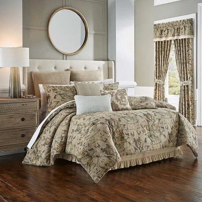 Queen Comforter + 2 Shams + 1 Bed skirt Dark grey, Parchment, Ochre, Sage, and Brown. Volterra Comforter Set SC246