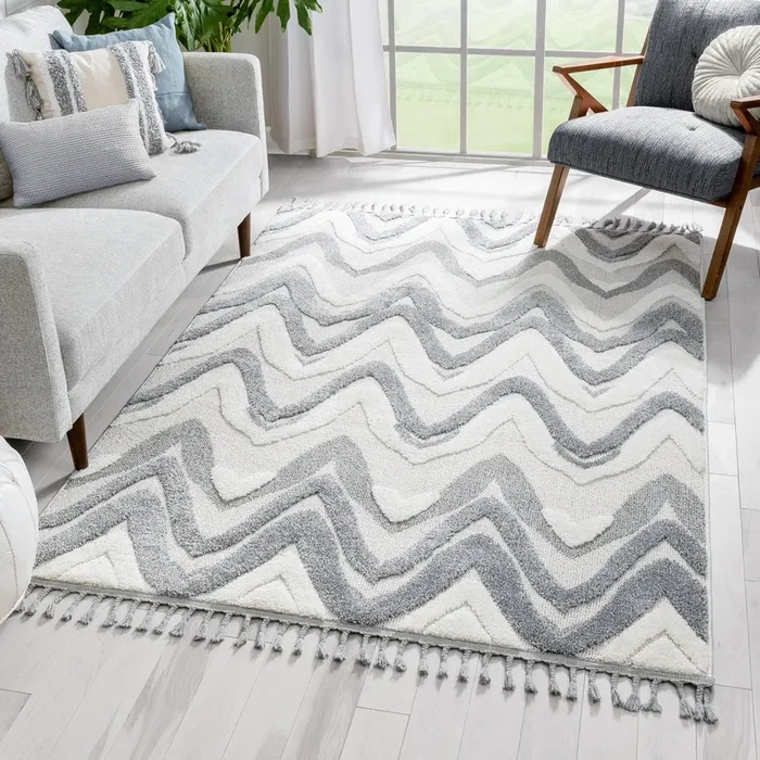 Raelynn Contemporary Chevron Zig-Zag Patter Cream Grey High-Low Textured Rug