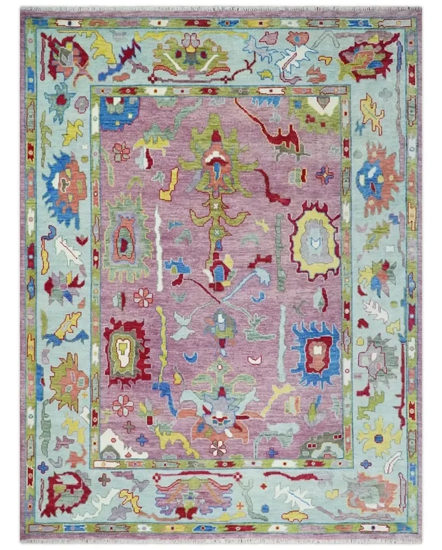 Ready to Ship Pink Modern Oushak Rug Wool Blue Colorful Hand knotted Area Rug