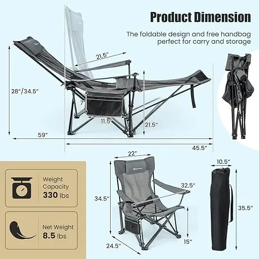 Reclining Camping Chair with Foot Rest, Folding Lounge Chair for Adults, w/Adjustable Backrest, Storage Bag & Cup Holder, Portable Recliner Beach Chair Outdoor Camp Picnics, 330 LBS (1, Grey)