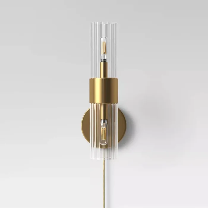 Ribbed Glass Sconce Lamp Brass Gold-Plated Metal, Clear Cylinder Shade, Dimmable