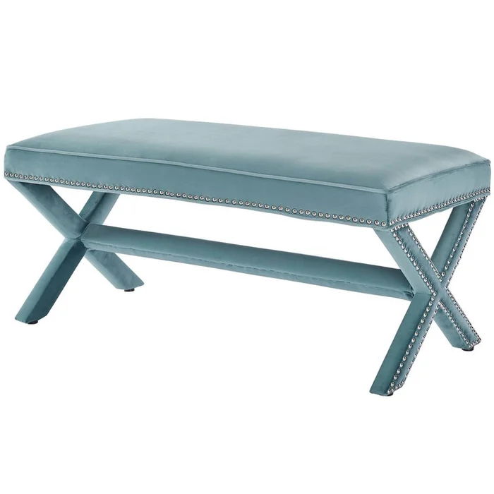 Rivet Upholstered Velvet Bench, Velvet Fabric Copper Nail Rivet, Blue 15196