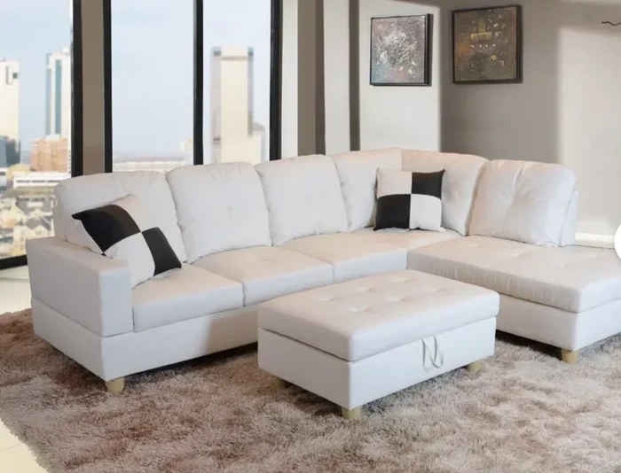 Russ 103.5″ Wide Faux Leather Sofa & Chaise with Ottoman MG618