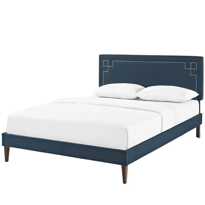 Ruthie Queen Fabric Platform Bed with Squared Tapered Legs, Queen Size, Fabric Copper Nail Rivet, Navy Blue, 14594