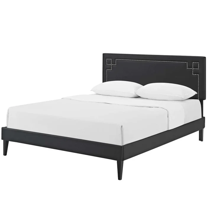 Ruthie Queen Vinyl Platform Bed with Squared Tapered Legs, Queen Size, Faux Vinyl Leather, Black, 14592