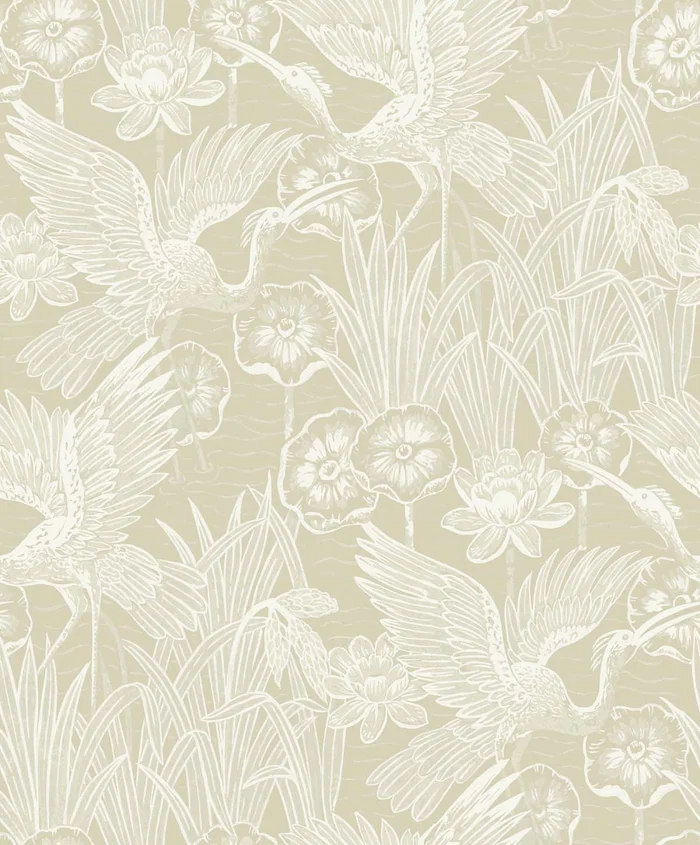 Seabrook Designs White Heron Marsh Cranes Animal Print Contemporary Beige Metallic – EW11005