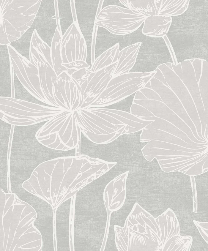 Seabrook Designs White Heron Water Lilies Floral Contemporary Grey Satin – EW12000