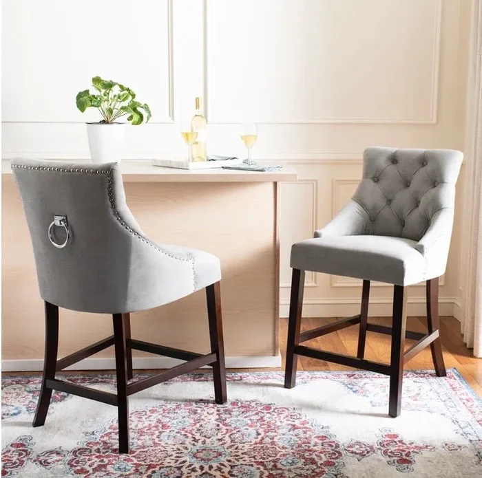 (Set of 2) Eleni Light Grey/ Espresso Tufted Counter Stools CG1659