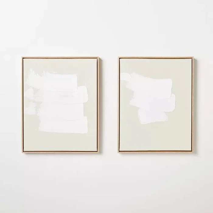 (Set of 2) White Patches Embellished Framed Wall Art Canvas – Modern Abstract Digital Art