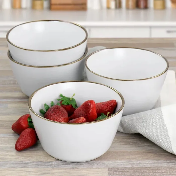 SET OF 4 Stoneware Bowl Set In Matte White With Gold Rim
