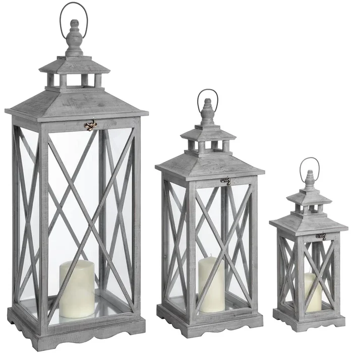 Set of Three Wooden Cross Section Lantern Lamps