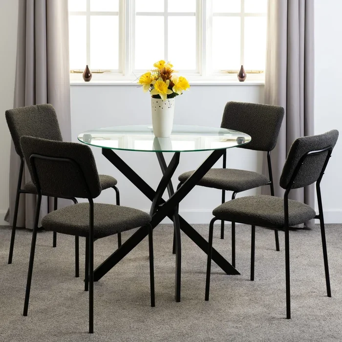 Sheldon Round Glass Dining Set with 4 Boucle Chairs