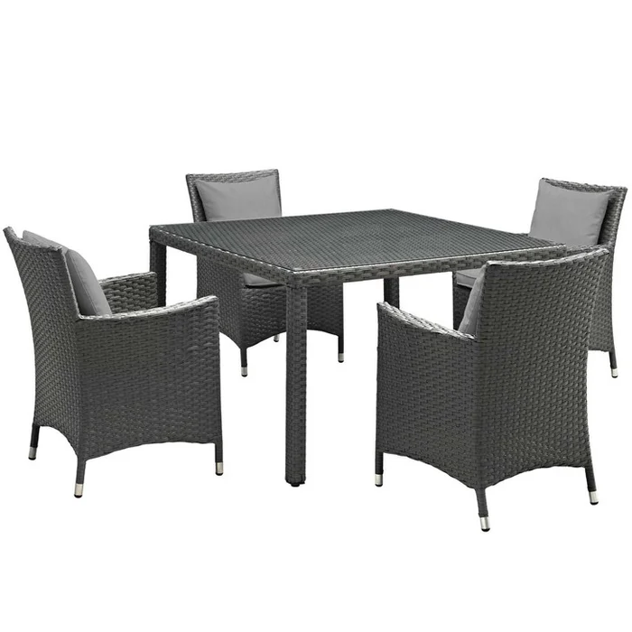 Sojourn 5 Piece Outdoor Patio Sunbrella® Dining Set, Sunbrella Rattan Wicker, Grey Gray 13506