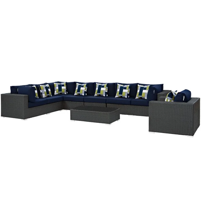 Sojourn Seven PCS Outdoor Patio Sunbrella Sectional Set, Navy, Rattan 11203
