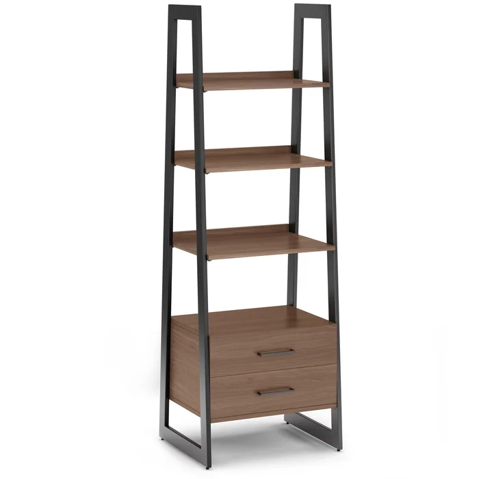 Solid Walnut Veneer and Metal Ladder Shelf with Storage