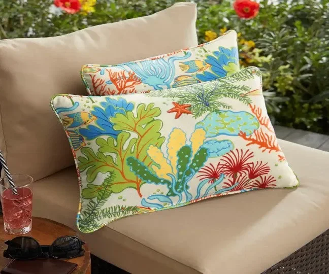 Sorra Home Blue/Green Seascape Rectangular Outdoor Corded Lumbar Pillows (2-Pack)