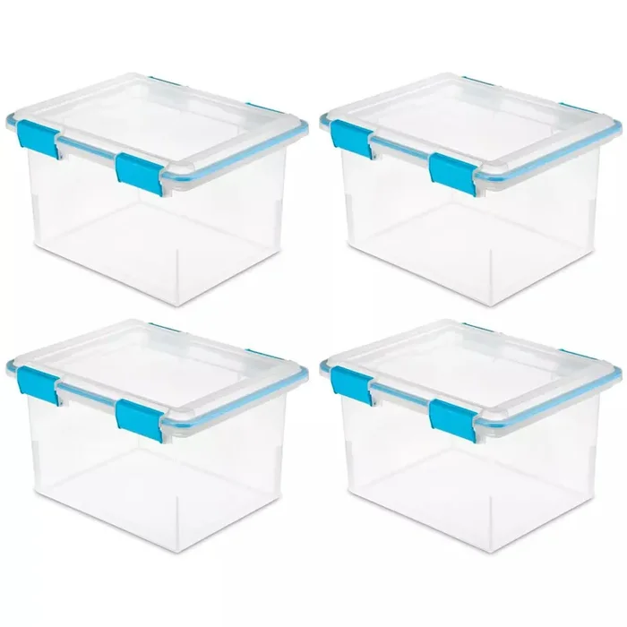 Stackable Clear Plastic Storage Tote Container with Blue Gasket Latching Lid for Home and Office Organization, Clear, Set of 4