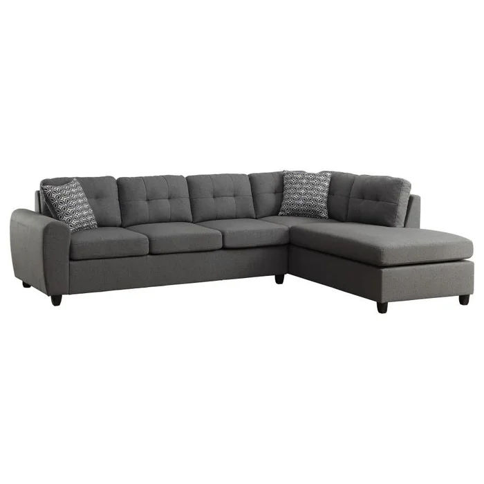Stonenesse Upholstered Sectional Chaise Sofa – Gray Linen-Like Fabric, Tufted Design, Reversible Construction, Includes Accent Pillows