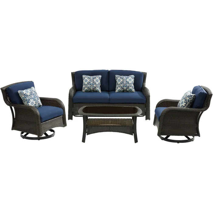 Strathmere 4-Piece Lounge Set with Loveseat, 2 Swivel Gliders, and Woven Coffee Table, Navy Blue