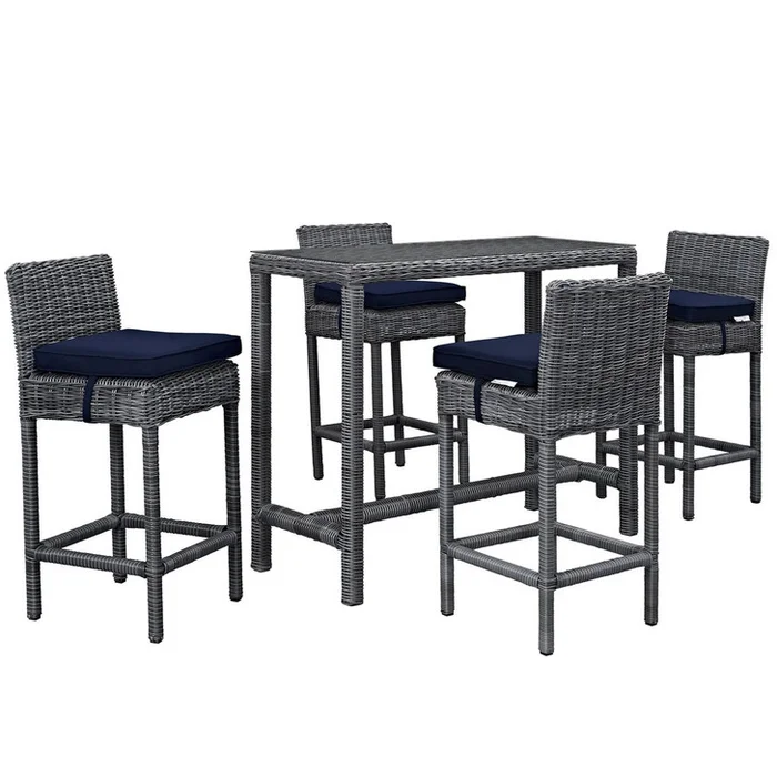 Summon Five PCS Outdoor Patio Sunbrella Pub Set, Navy, Rattan 9982