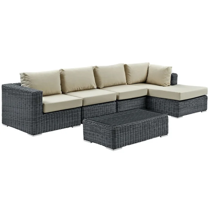 Summon Five PCS Outdoor Patio Sunbrella Sectional Set, Beige, Rattan 9855
