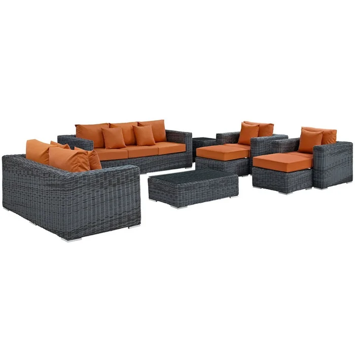 Summon Nine PCS Outdoor Patio Sunbrella Sectional Set, Orange, Rattan 9844