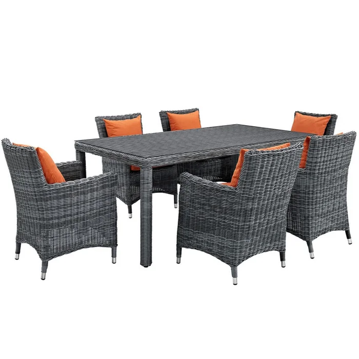 Summon Seven PCS Outdoor Patio Sunbrella Dining Set, Orange, Rattan 11026