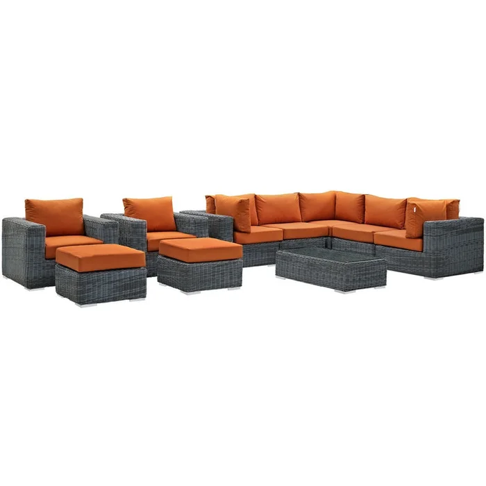 Summon Ten PCS Outdoor Patio Sunbrella Sectional Set, Orange, Rattan 9860