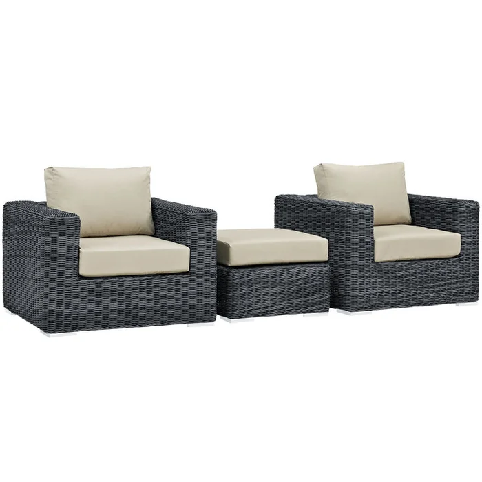 Summon Three PCS Outdoor Patio Sectional Set, Beige, Fabric, Synthetic Rattan