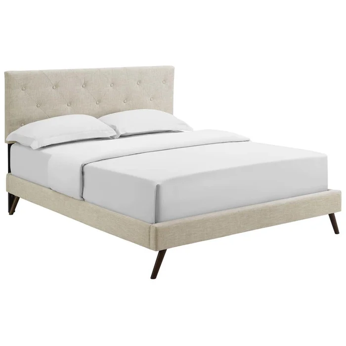 Tarah Queen Fabric Platform Bed with Round Splayed Legs, Queen Size, Fabric, Beige, 14695